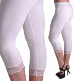 EyeCatchClothing - Crop Leg Pull on Womens Leggings with Lace Detail White M/L