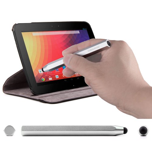 DURAGADGET Housse Etui Rotatif de Luxe en noir et support intégré pour Google Nexus 10 Tablette Android 4.2 Jellybean et Wi-fi - vue horizontale ET verticale + stylet forme crayon en aluminium léger gris argent BONUS - Garantie 5 ans