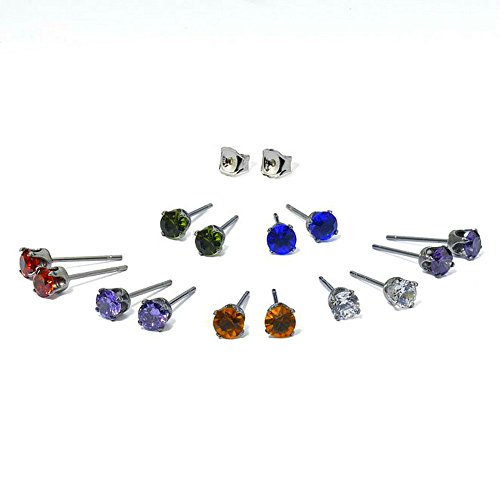 Silverline Jewelry Stainless Steel 4mm Round CZ Stud Earrings set, Multi Color (7 Pack)