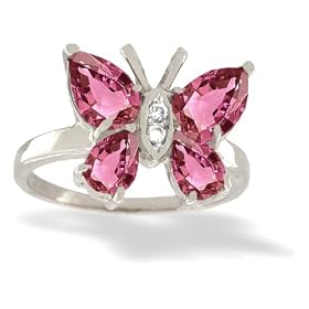 14K White Gold Genuine Pear Pink Tourmaline and Diamond Butterfly Ring by Jewels For Me