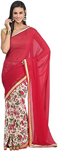Dark Magenta And Off White Printed Faux Georgette Saree