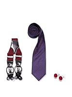 SILVIO SILVANI Pack Tirantes Lisos Burdeos + Corbata Azul Marino Con Topos Rojos + Gemelo En Seda Burdeos