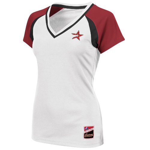 MLB Houston Astros Women's Short Sleeve Raglan Deep V-Neck Synthetic Tee (White/Bright Garnet/Black, Small)