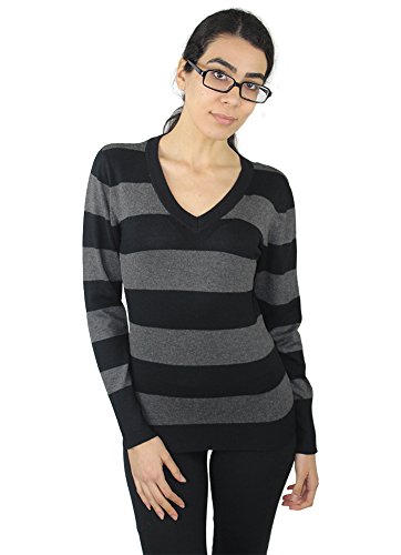 Alfa Global Women's Long Sleeve V-Neck Striped Ultra Soft Knit Sweater Top