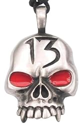 Lucky 13 Red Eyes Skull Pewter Pendant Necklace