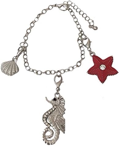 Silver Tone Sealife Seahorse Starfish Shell Rhinestone Dangle Bracelet