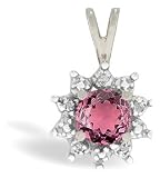 14K White Gold Genuine Round Pink Tourmaline and Diamond Pendant