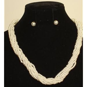 Multi Strand Twisted White Small Pearls Short Chain Necklace and Earrings