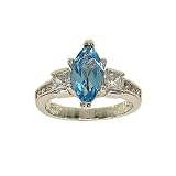 Marquis Aqua Spinel and Cubic Zirconia Solitaire Fashion Ring with Princess Cut Channel Set Side Stones in Rhodium Plate