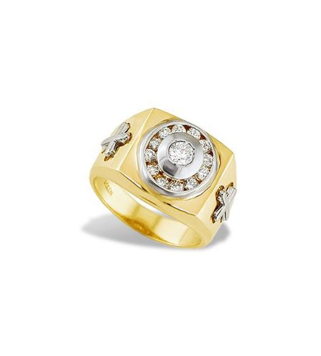 14k Solid Yellow White Gold Men's Cross Round CZ Ring