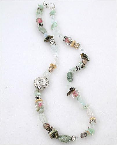 Aquamarine, Blue Topaz, Jasper, and Abalone Gemstone Bead Treasure Necklace with Karen Hill Tribe Sterling Silver Floral Focal Bead, 23 1/2" Length, #7825