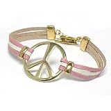 Pink Leather Band Gold Tone Peace Symbol Fashion Bracelet