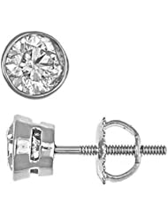0.67 Carat G Color SI Clarity Solitaire Natural Round Brilliant Cut Diamond Stud Earrings Bezel Mounting Screw-Back 14k White Gold