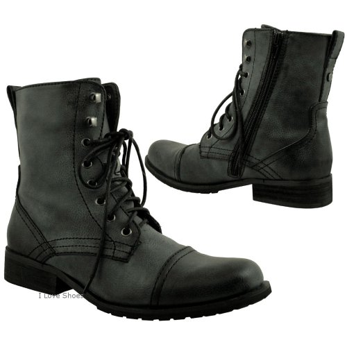 New Womens Military Army Lace Up Zip Flat Ankle Boots