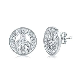 Sterling Silver 925 Cubic Zirconia CZ Peace Sign Stud Earrings - For Valentines Day Gift