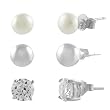 Sterling Silver Round-cut Cubic Zirconia, Faux Pearl, and Ball Stud Earrings (Set of 3)