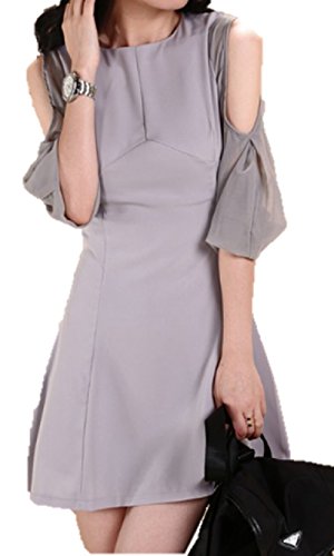 (エヌアンドティー）N&T レディース ワンピース オフショルダー ランタンスリーブ バルーンスリーブ シースルー 肩だし 切替え結婚式 二次会 無地 パーティー シフォン