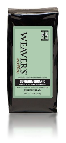 Weavers Coffee and Tea, Sumatra Organic Whole Bean Coffee, 12-Ounce Bags (Pack of 2)