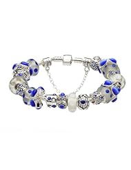 European Hot Fashion Style Blue & White Murano Glass Beads Charm Beaded Complete Silver Plated Bracelets for Women Girls Jewelry Compatible With Pandora