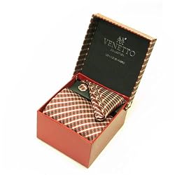 Designer Woven Plaid Stripe pattern Neck Tie Cufflink Handkerchief Gift Set Holiday Red Green and White Necktie Cuff link with Gift Box.