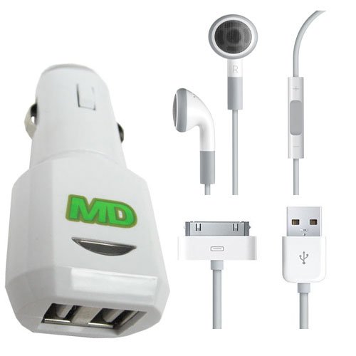 Malcom Distributors White Dual USB Port Socket Cigarette Lighter DC Car Charger Adapter with USB Dock Connector and OEM Apple Headset Apple Earphones with Remote and Mic for Apple iPhone 3G 3GS 4.0 iPad iPod Nano 4th and 5th Generation iPod Classic 120GB 160GB Malcom Distributors White Dual USB Port Socket Cigarette Lighter DC Car Charger Adapter with USB Dock Connector and OEM Apple Headset Apple Earphones with Remote and Mic for Apple iPhone 3G 3GS 4.0 iPad iPod Nano 4th and 5th Generation iPod Classic 120GB 160GB