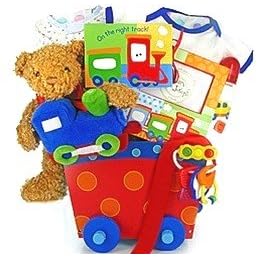 Choo Choo Train New Baby Boy Gift Basket - Great Shower, Hanukkah, Christmas or Holiday Gift Idea for Newborns