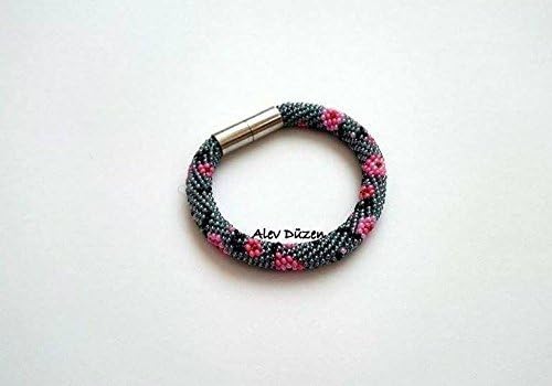 Long Gray - Pink Flowers Bead Crochet Bracelet - Pink Flowers Beaded Bracelet - Handmade Beadwork Bracelet - Beaded Bracelet