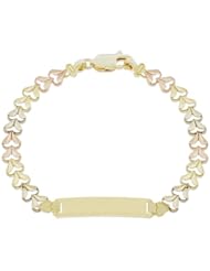 14k Tricolor Gold, Heart Links ID Kids Children Bracelet 5.5mm Wide
