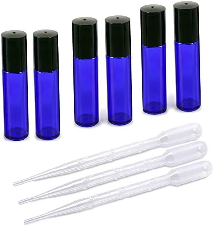 10ml Cobalt Blue Glass Roll-on Empty Refillable Bottles with Black Cap Perfect for Aromatherapy Perfumes Essential Oils Lip Gloss and More, Comes with 3pcs 3ml Plastic Dropper