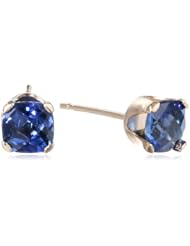 10k Yellow Gold Checker Board Cushion-Cut Created Blue Sapphire Stud Earrings