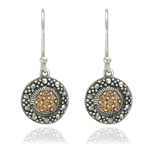 Sterling Silver Marcasite Champagne Crystal Button Drop Earrings