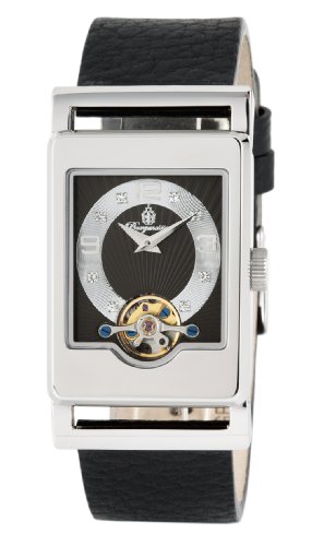 Burgmeister Delft BM510-122 Damen Automatik Uhr Edelstahl schwarz-silber offene Unruh Swarovski-Kristalle Leder schwarz