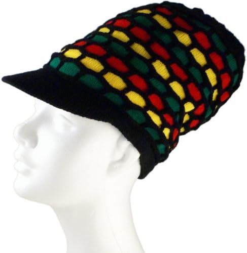 SSK® Rasta Dread Knit Tam Hat - "Dreadlocks Cap" (Medium Length Red/Yellow/Green Honeycomb, with Brim)