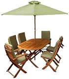 Fully Dressed 170x97cm Oval Easy Fold Table with 4 Ascot Folding Chairs and 2 Ascot Folding Armchairs (includes 6 Sage Green Seat & Back Cushions and a 250cm Silverwood Sage Green Parasol)