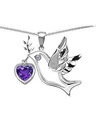 Original Star K (tm) Peace Love Dove Pendant with 7mm Heart Shape Simulated Amethyst in 925 Sterling Silver