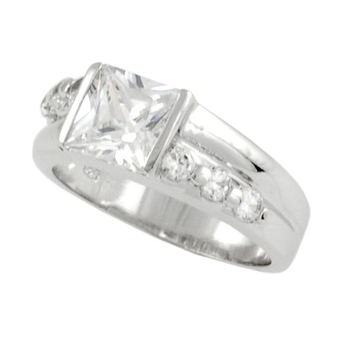 Sterling Silver Princess Cut CZ Ring with CZ Stones on Band