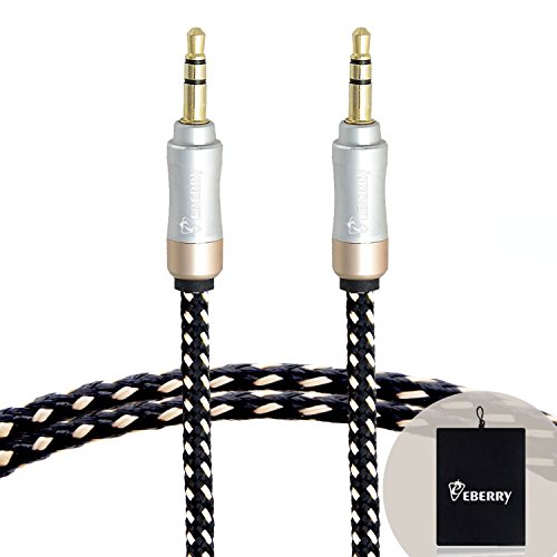eBerry® [A04 3.5mm Male to Male Audio Cable] Special Color Contrast High Quality Nylon Fiber Cloth Foil Shielded Slim Waist Connector Shell Audio Aux Cable Car and Home Auxiliary Stereo Jack Cable Cord (4.6ft/1.4m) + Black Microfiber Storage Pouch C