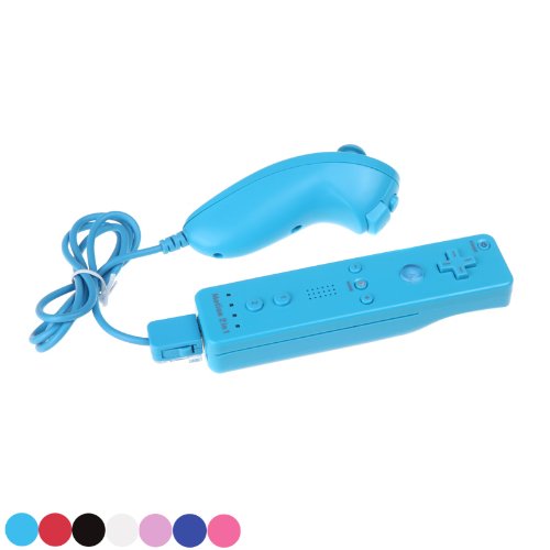 Docooler Built-in Motion Plus Remote and Nunchuck Controller for Wii and silicone Case+strap with Retail Package (Blue)
