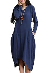 Cotton/Linen Long Sleeves High-Low-Hem Midi Dress 