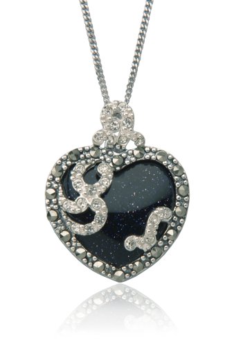Sterling Silver Marcasite and Blue Gold Stone Heart Pendant, 18
