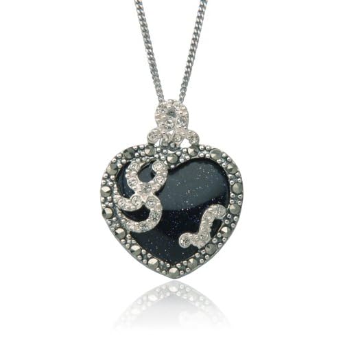 Sterling Silver Marcasite & Blue Gold Stone Heart Pendant, 18