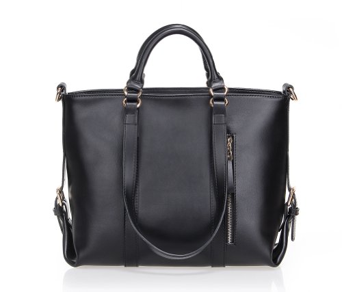 Fineplus Women's Large Lady Genuine Leather Multifunctional Shoulder Strap Tote Bags Handbag Black