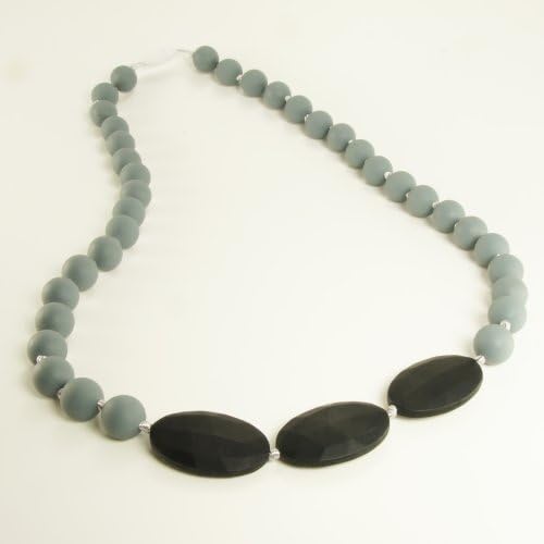 Teething Necklace Jewelry - Organic BPA Free Silicone Chew Beads Teether Toys for Nursing Moms - Libretto - Grey with Black