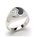 Black Coral Yin Yang Ring with Diamond in 14K White Gold - Small