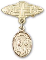 14K Gold Baby Badge with Our Lady Star of the Sea Charm and Badge Pin with Cross