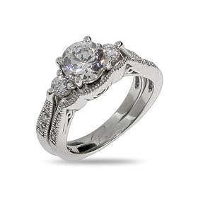 Brillant Cut CZ Three Stone Engagement Ring Set - 5