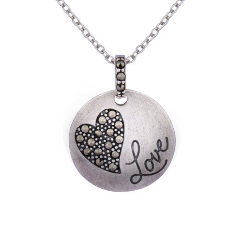 Sterling Silver Marcasite Heart "Love" Round Pendant, 18"