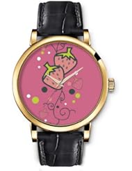 SPRAWL Aanalog Fashion Series Gold Ladies Watches of Genuine Black Leather Strap,Unique Wrist Watch for Women Girls Designed with Strawberries and colorful dots