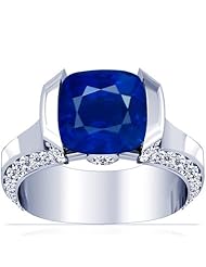14K White Gold Cushion Cut Blue Sapphire Ring With Sidestones