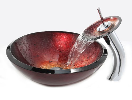 Kraus C-GV-200-19mm-10CH Galaxy Red Glass Vessel Sink and Waterfall Faucet, Chrome
